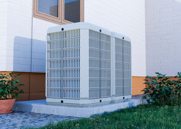 An image of a heat pump outside a house